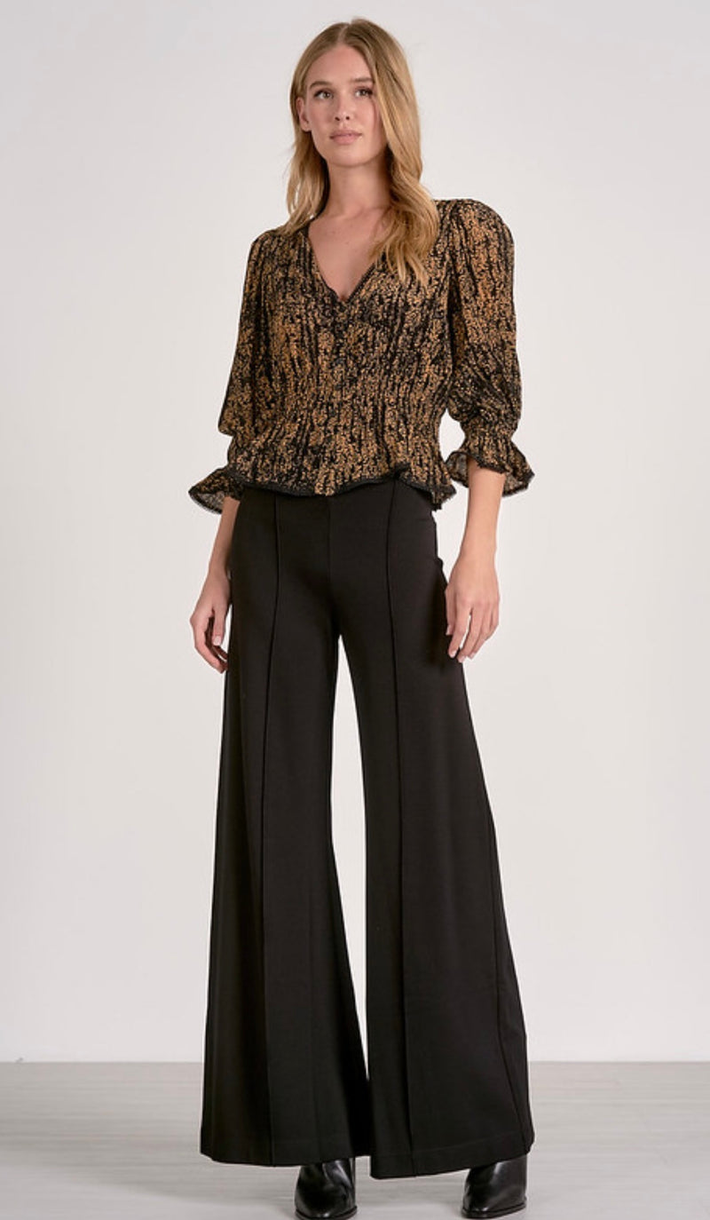 Elan Gold Wisteria Print Puff 3/4 Sleeve Peplum Top