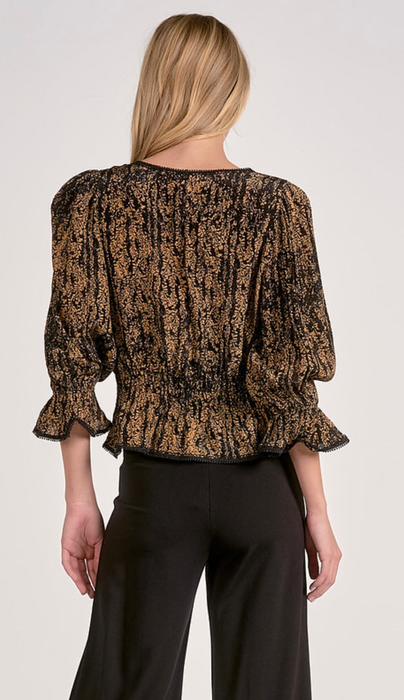 Elan Gold Wisteria Print Puff 3/4 Sleeve Peplum Top