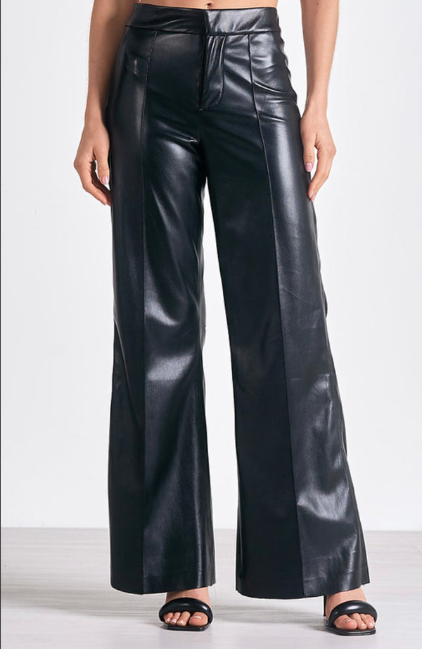Elan Charcoal High Waisted Wide Leg Flair Faux Leather Pant