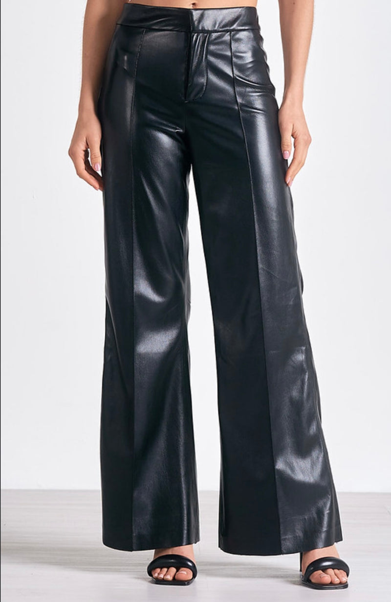 Elan Charcoal High Waisted Wide Leg Flair Faux Leather Pant
