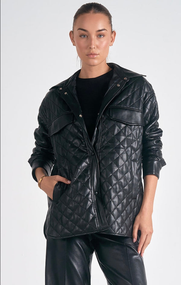 Elan Black Quilted Driving Length Faux Leather Jacket