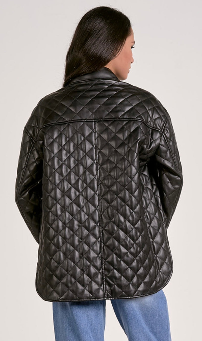 Elan Black Quilted Driving Length Faux Leather Jacket