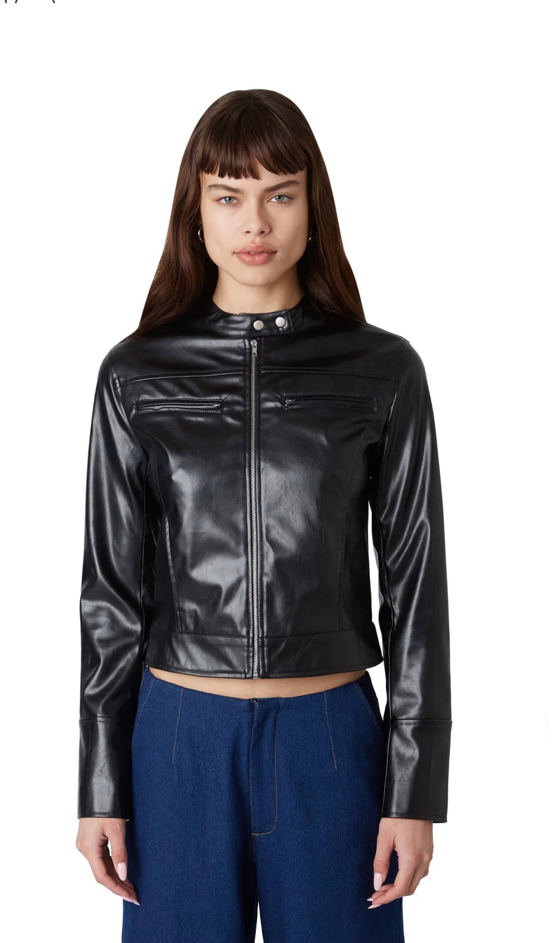 NIA Black Cropped Vegan Leather Cafe Moto Jacket