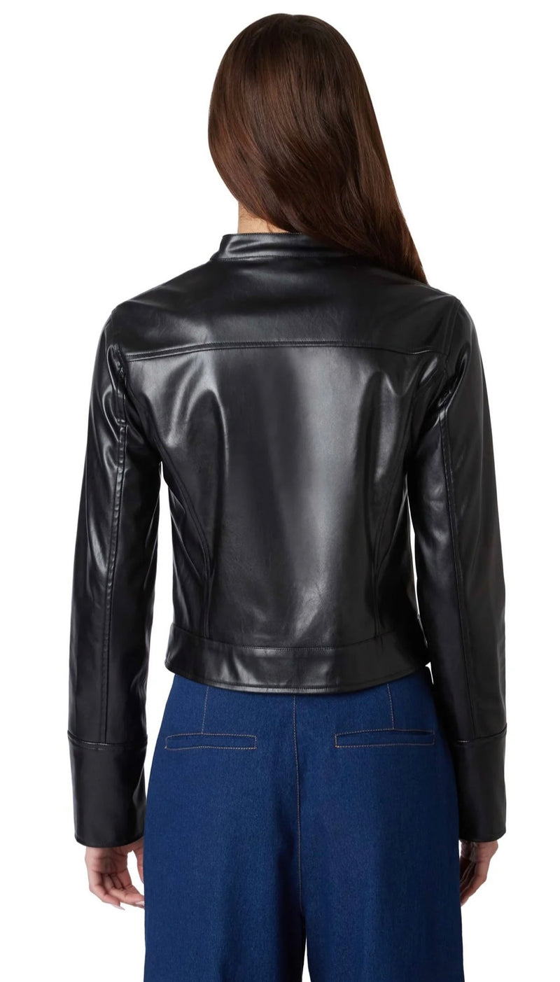NIA Black Cropped Vegan Leather Cafe Moto Jacket