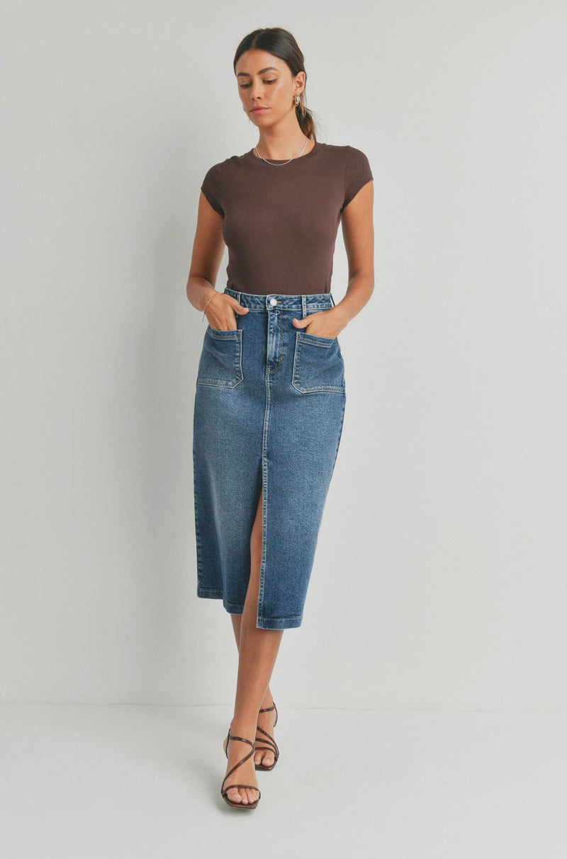 Just Bllack Denim Dark Wash Blue Utlity Pocket Midi Jean Skirt