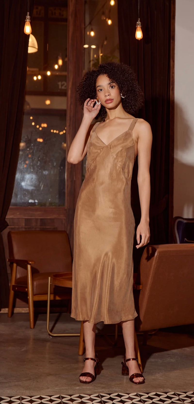 Lucy Paris Coffee Karine Slip Midi With Gold Detail At Strap Dress