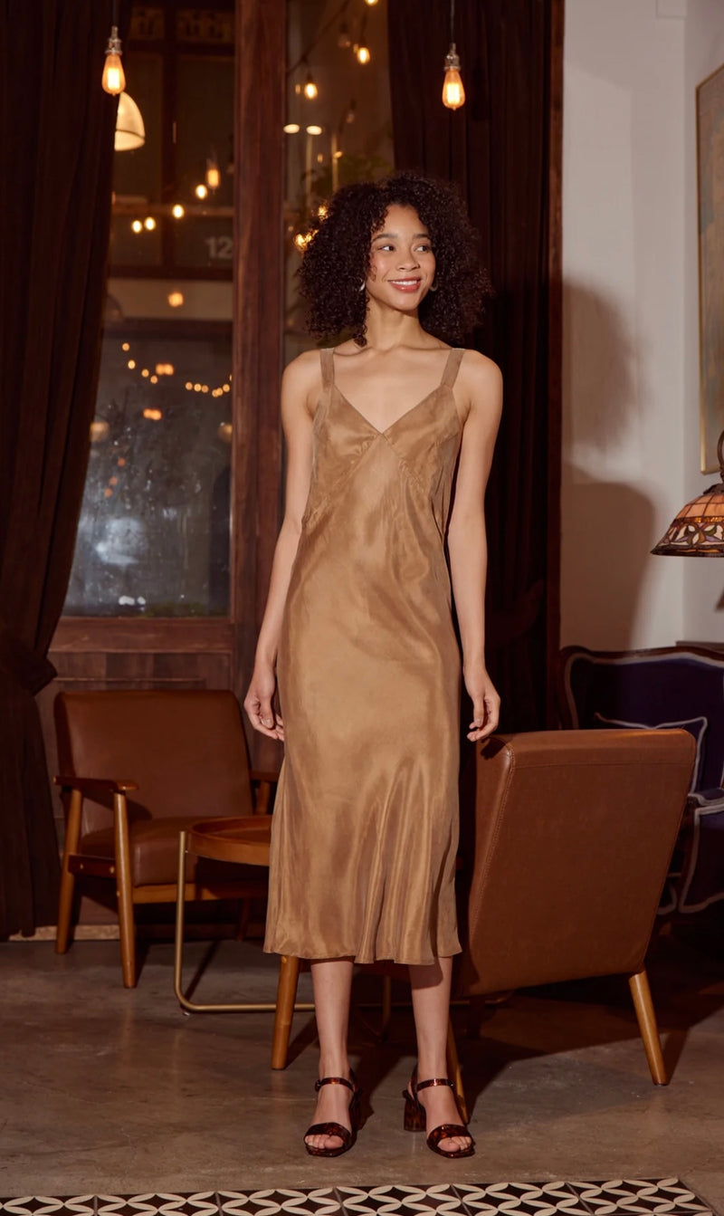 Lucy Paris Coffee Karine Slip Midi With Gold Detail At Strap Dress