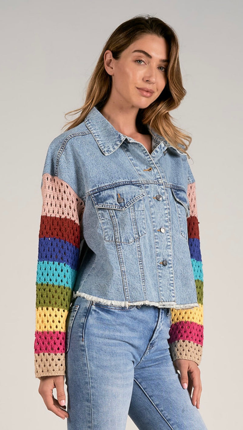 Elan Blue Denim Multi Colored Crochet Sleeve Jean Jacket