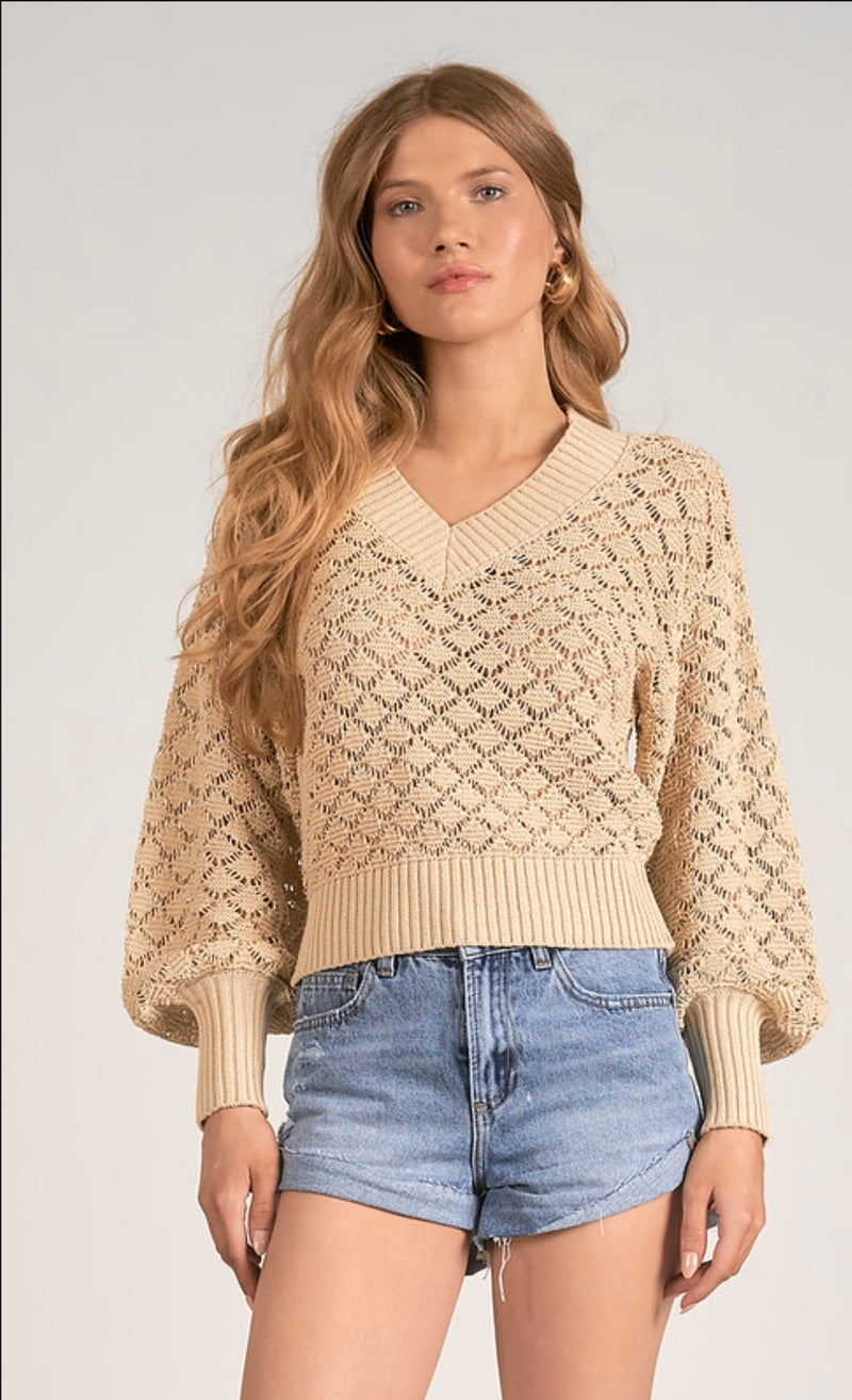 Elan Sand Balloon Sleeve Textured Spring Sweater