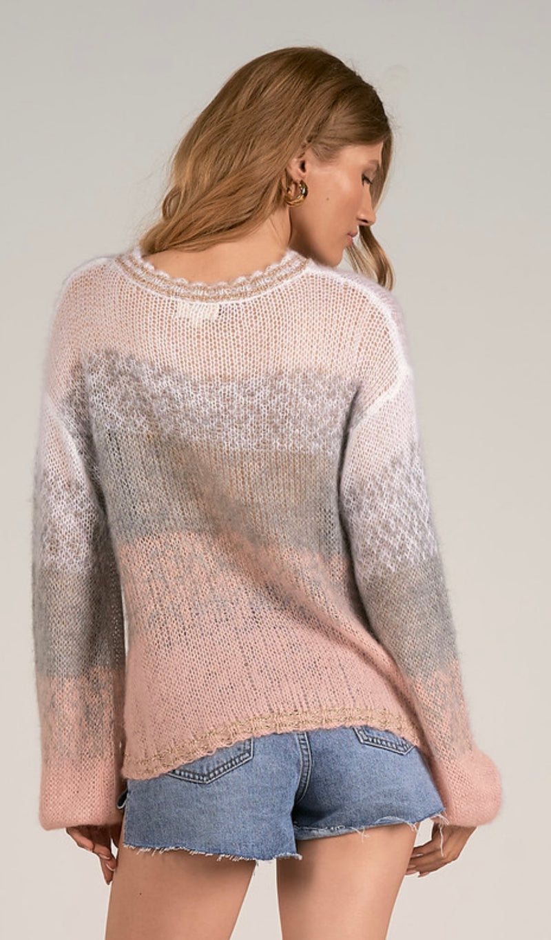 Elan Pastel Ombre Pinks Crew Neck Long Sleeve Spring Sweater