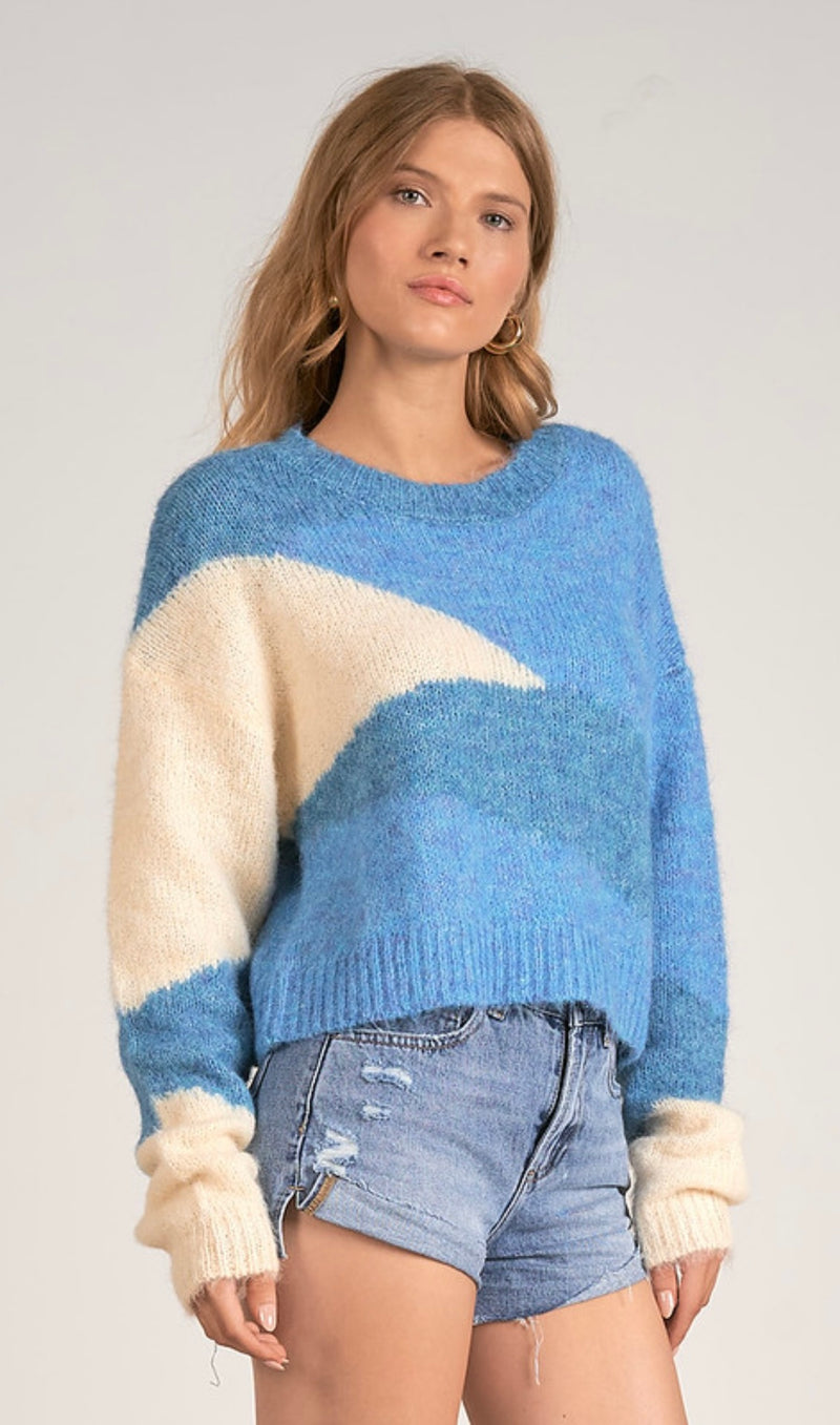 Elan Blue White Color Block Long Sleeve Spring Sweater