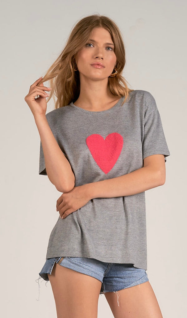 Elan Grey w/Pink Heart Short Sleeve TShirt Spring Sweater