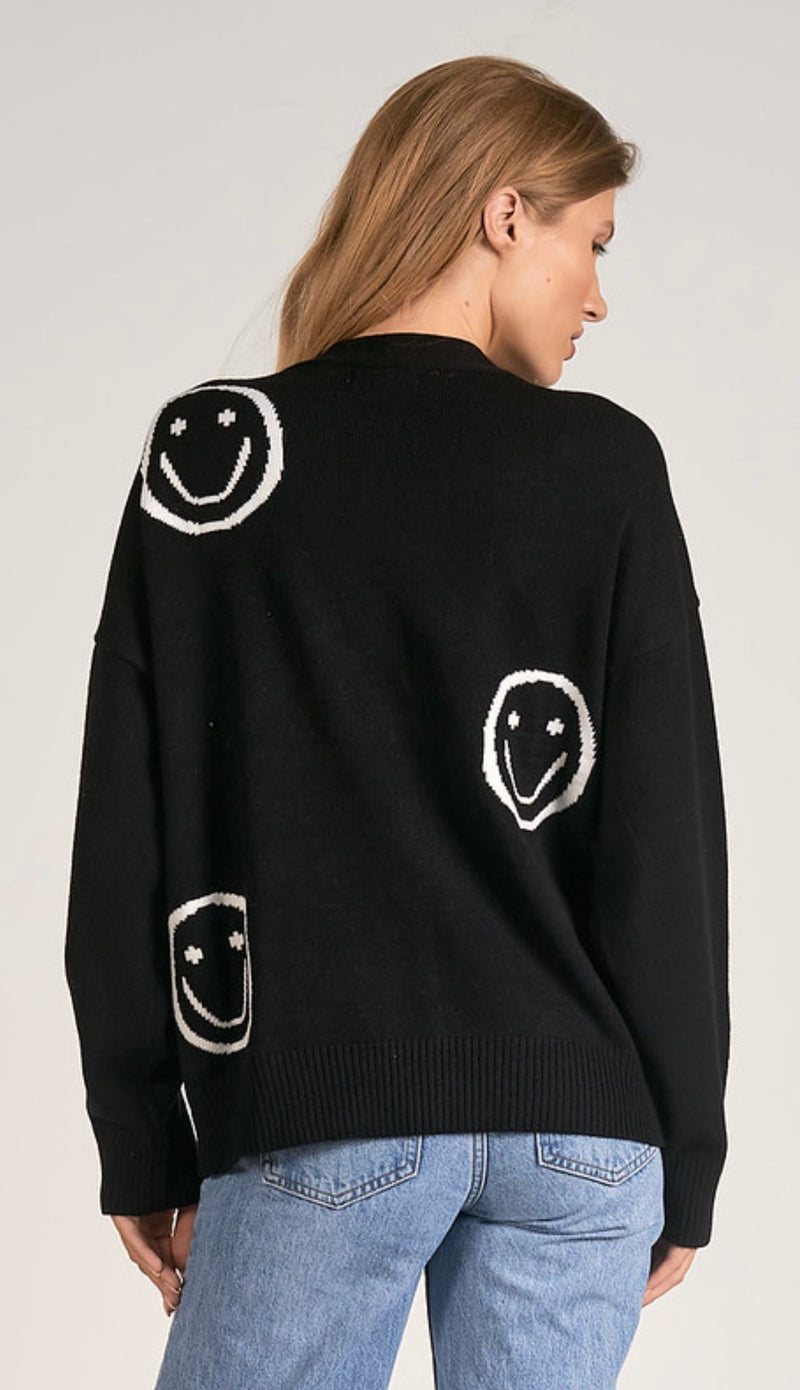 Elan Black Happy Face Button Up Cardigan Sweater