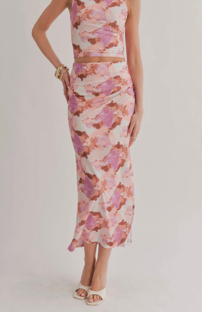 Sage The Label Coral Multi Intangible Hi Stretch Shirred Maxi Spring Skirt