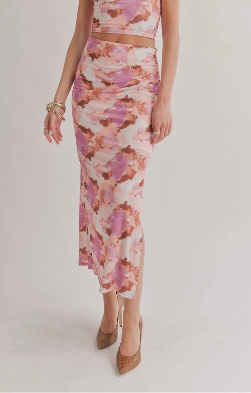 Sage The Label Coral Multi Intangible Hi Stretch Shirred Maxi Spring Skirt