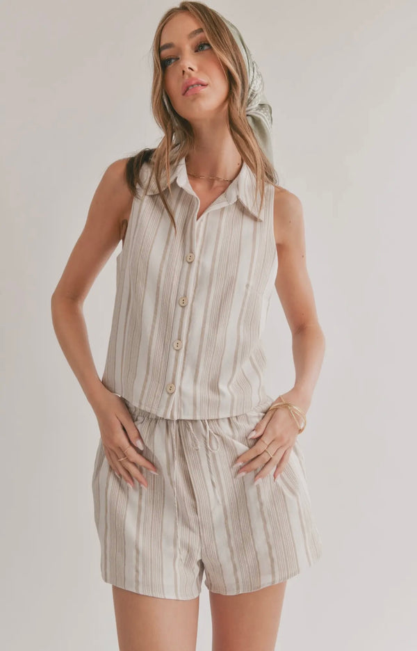 Sage The Label Taupe White Harmonize Collared Tank Spring Top