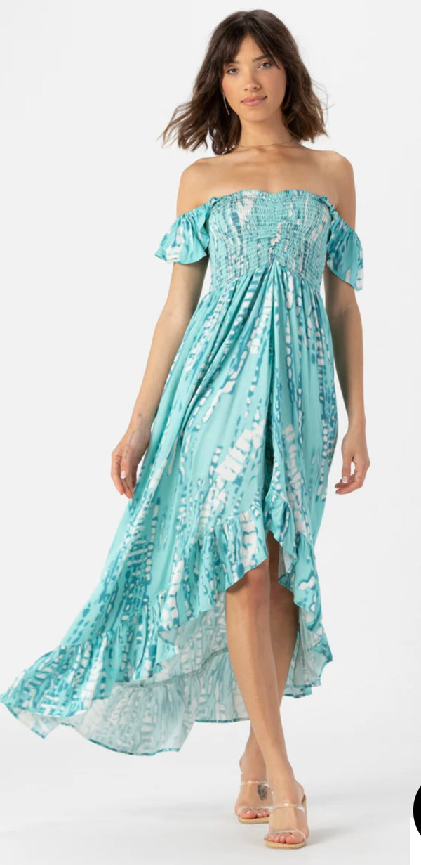 Tiare Hawaii Teal Brooklyn Geo Palms Print Maxi Spring Dress