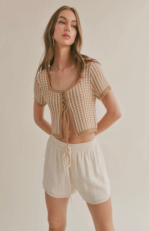 Sge The Label Taupe White Amore Lace Up Front Crop Spring Sweater