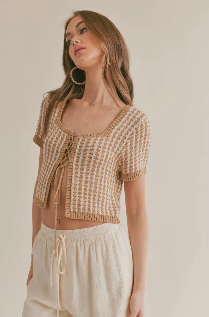 Sge The Label Taupe White Amore Lace Up Front Crop Spring Sweater