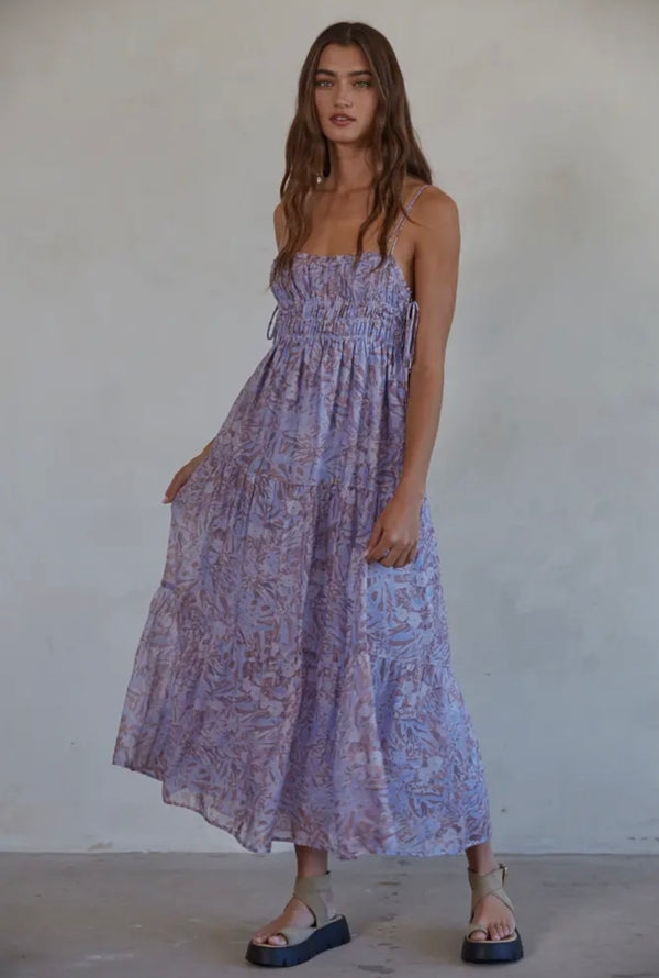 By Together Lite Blue Floral Print Sweetheart Neck Spaghetti Strap Midi Spring Dress