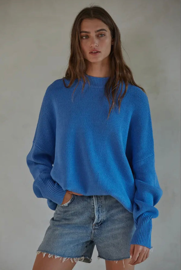 By Together Sea Blue Knit Long Sleeve High Neck Chunky Oversized Spring Sweater