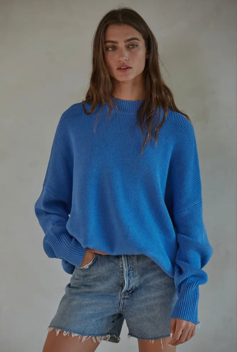 By Together Sea Blue Knit Long Sleeve High Neck Chunky Oversized Sweater