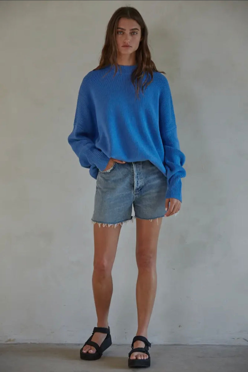 By Together Sea Blue Knit Long Sleeve High Neck Chunky Oversized Sweater