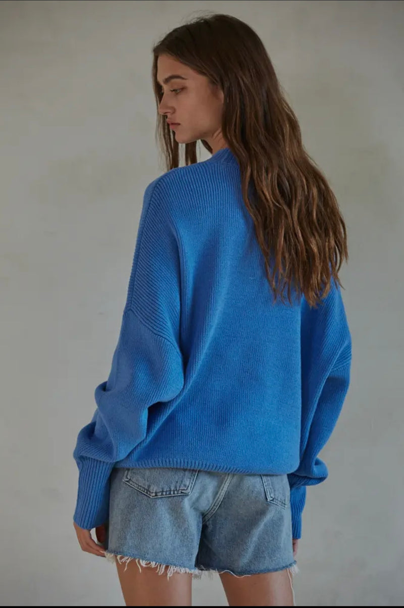 By Together Sea Blue Knit Long Sleeve High Neck Chunky Oversized Spring Sweater