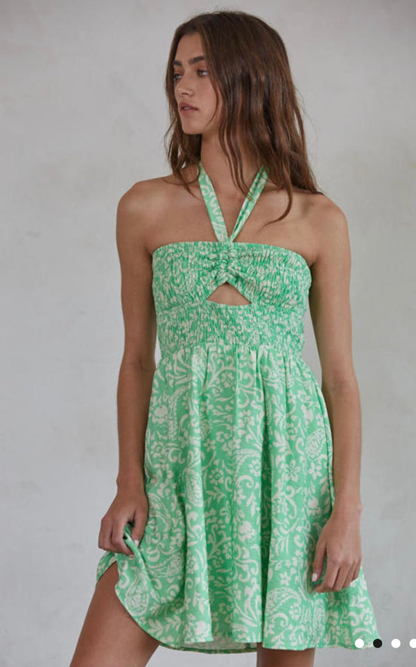 By Together Chive White Floral Print Halter Neck Tie Strap Flare Mini Spring Dress