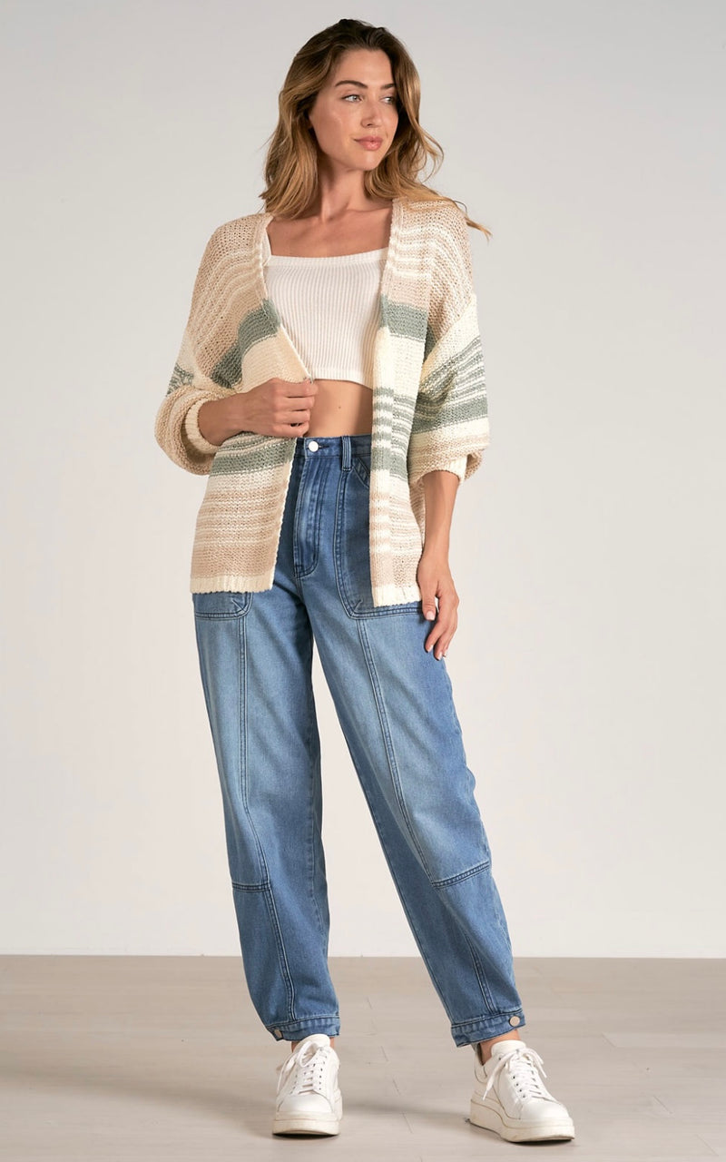 Elan Natural Sage Stripe Long Sleeve Cardigan Spring Sweater