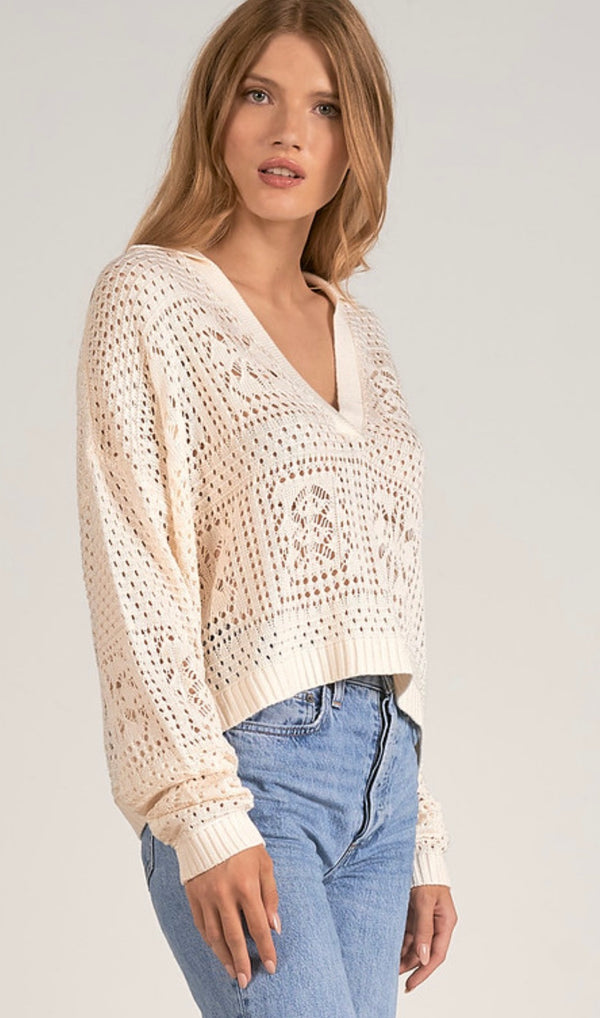 Elan Off White VNeck Collar Long Sleeve Spring Sweater