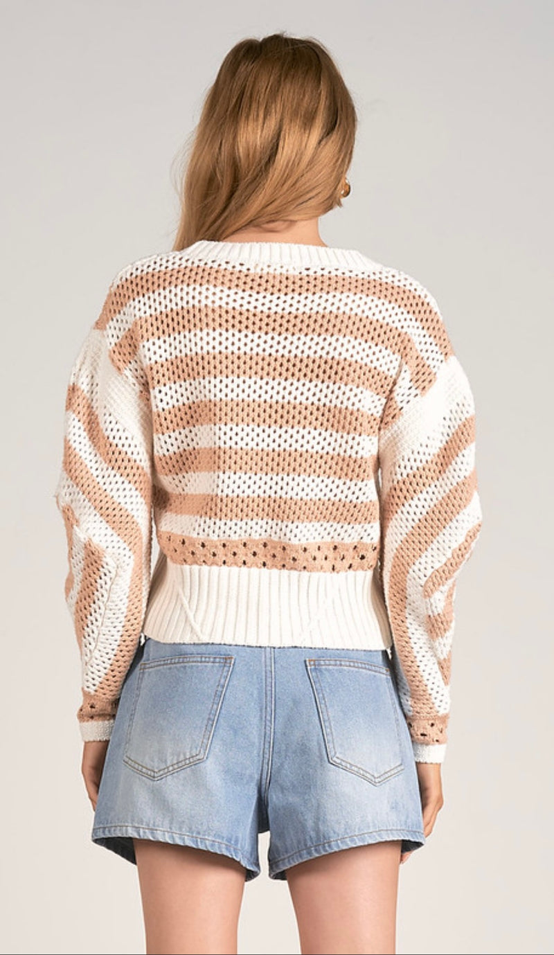 Elan Tan White Striped BoatNeck Long Sleeve Spring Sweater