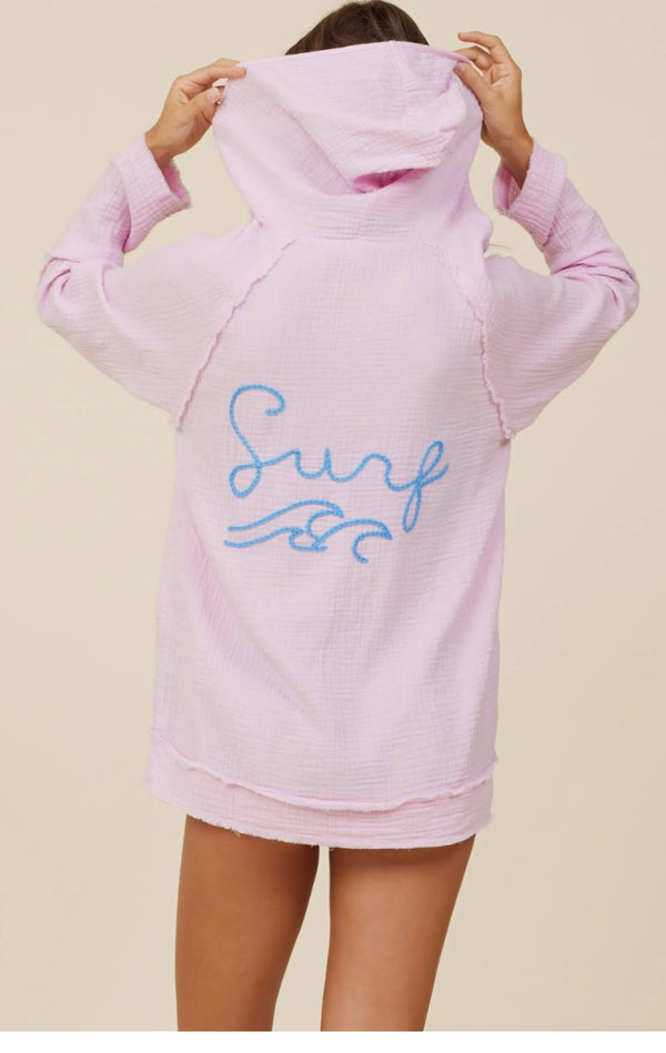 Surf Gypsy Rose Pink w/Bright BlueGauze Surf Embroidered Hoodie Spring Top