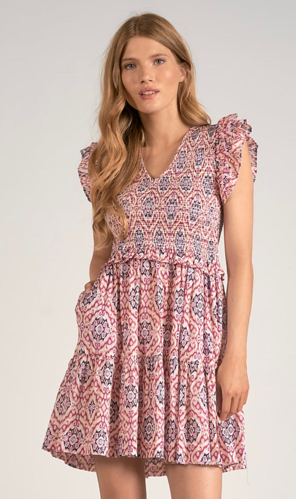 Elan Lavender Ikat Print Ruffle Sleeve Mini Spring Dress