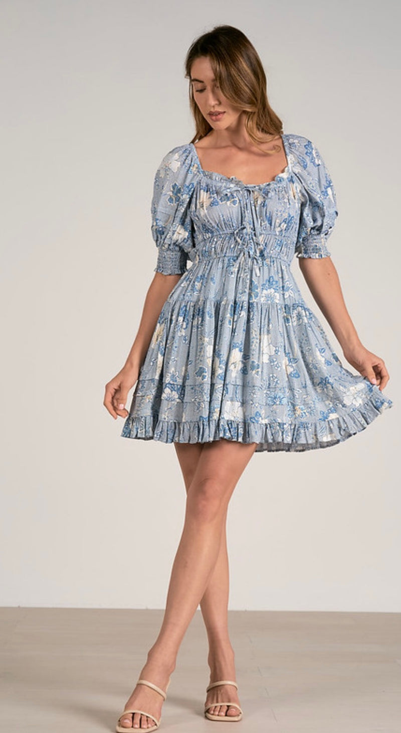 Elan Blue Leaf Print Short Sleeve Smock Square Neck Mini Spring Dress