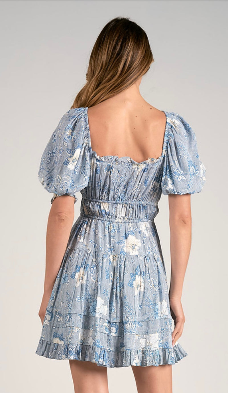 Elan Blue Leaf Print Short Sleeve Smock Square Neck Mini Spring Dress