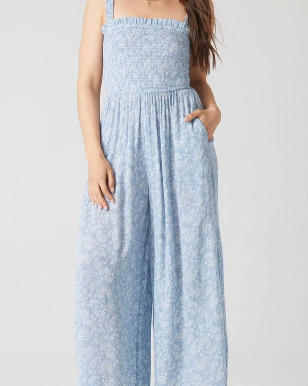 Bila77 Cool Blue Daisy Smocked Straps and Bodice Spring Jumpsuit