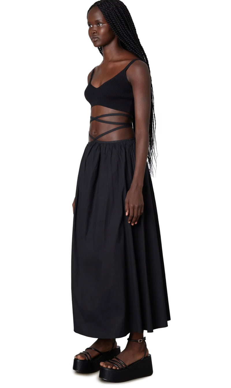 NIA Black Shirin Tie Wrap Around Full Midi Spring Skirt