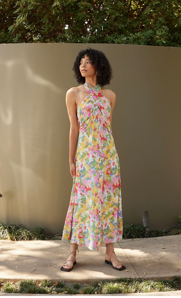 Lucy Paris Multi Floral Michaela Halter Midi Spring Dress