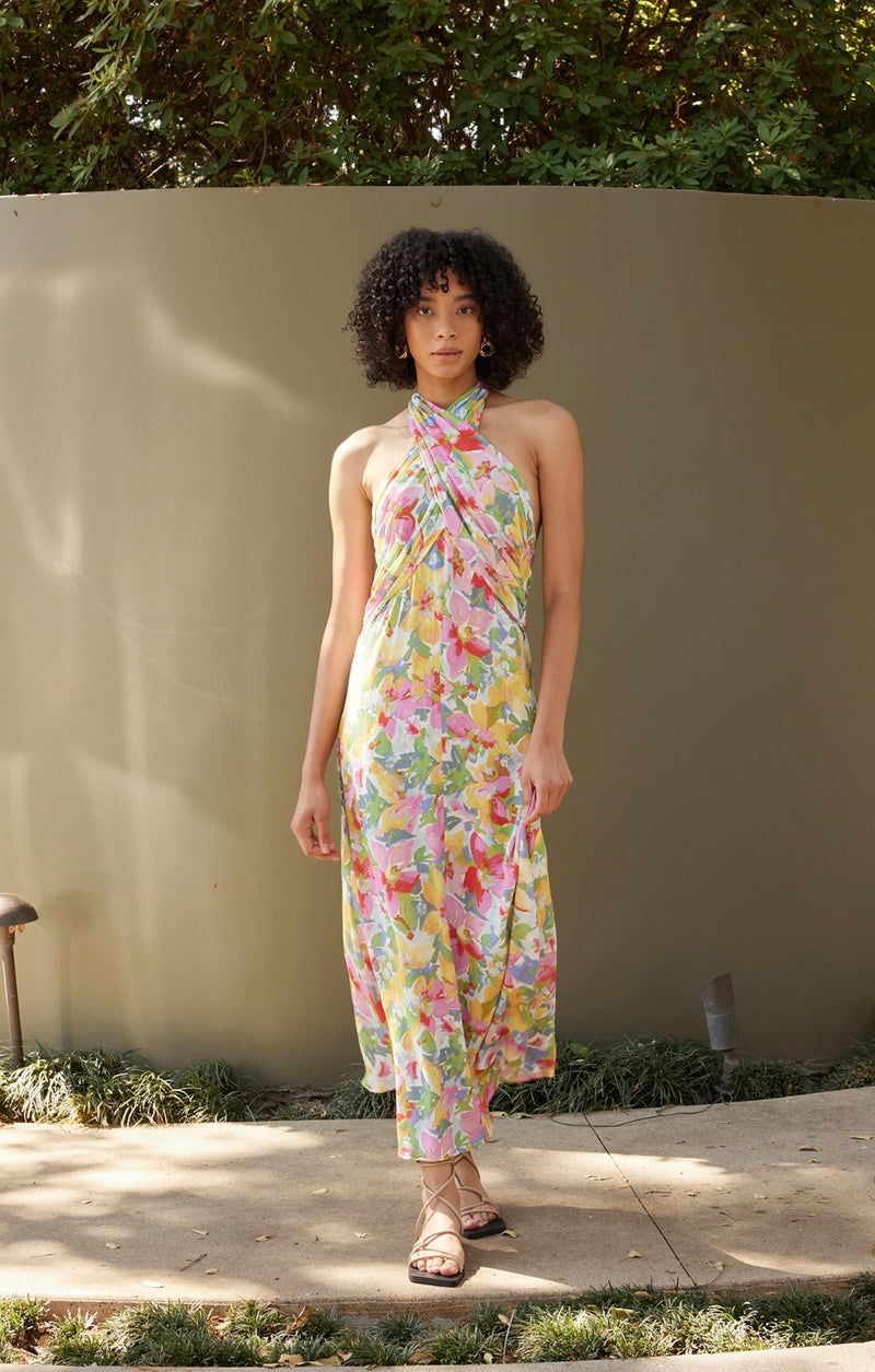Lucy Paris Multi Floral Michaela Halter Midi Spring Dress