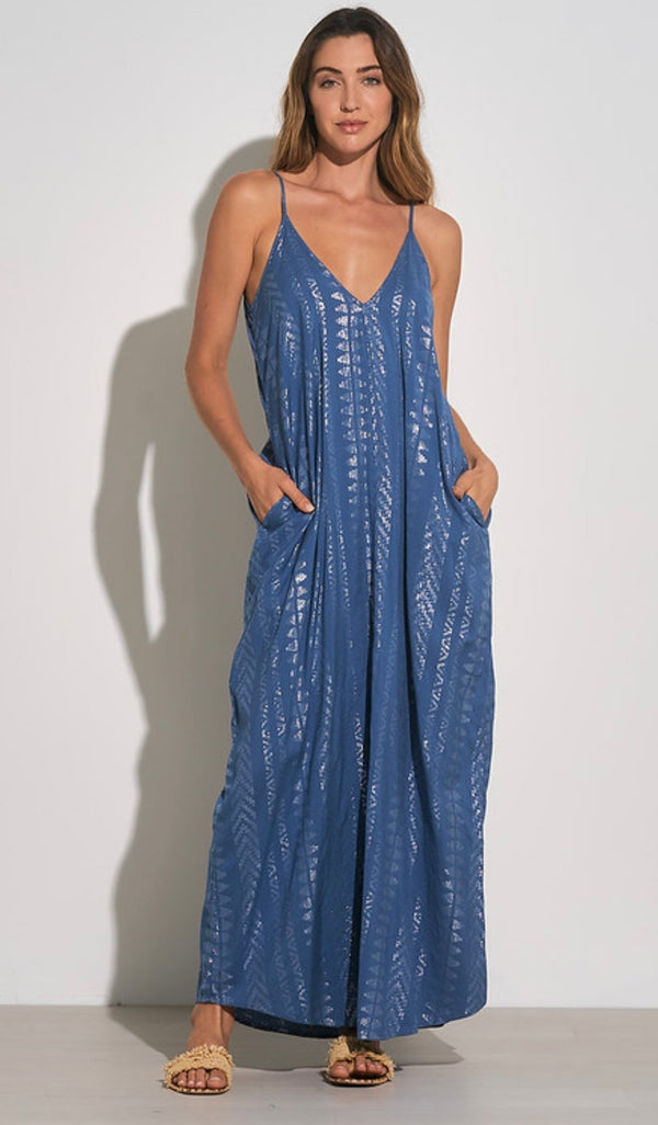 Elan Blue W/Silver Arrow Print Spaghetti Strap Maxi Spring Dress