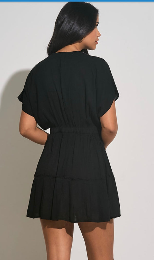 Elan Black V Neck Tiered Short Sleeve Mini Spring Dress