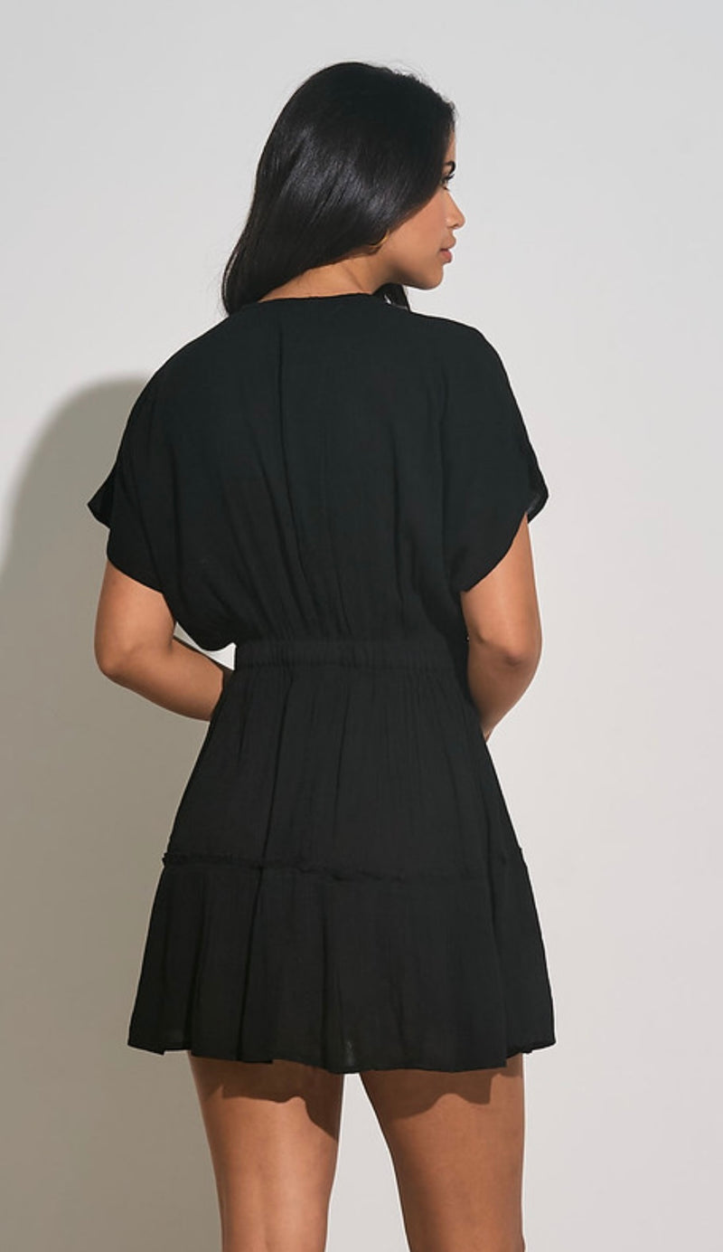Elan Black V Neck Tiered Short Sleeve Mini Spring Dress