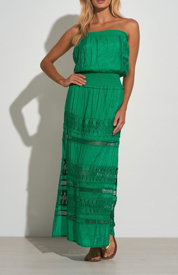 Elan Bright Green Strapless Inset Lace Maxi Spring Dress