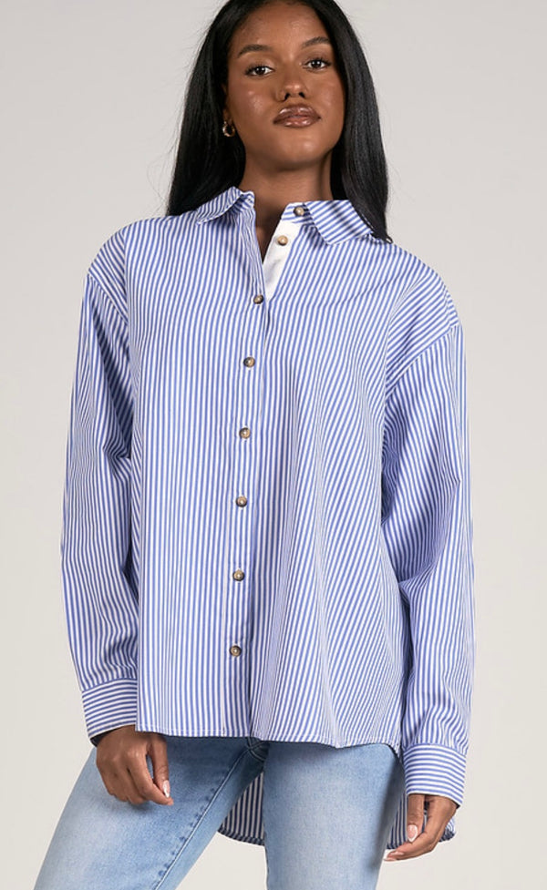 Elan Blue Stripe Long Sleeve Oxford Button Down Spring Top