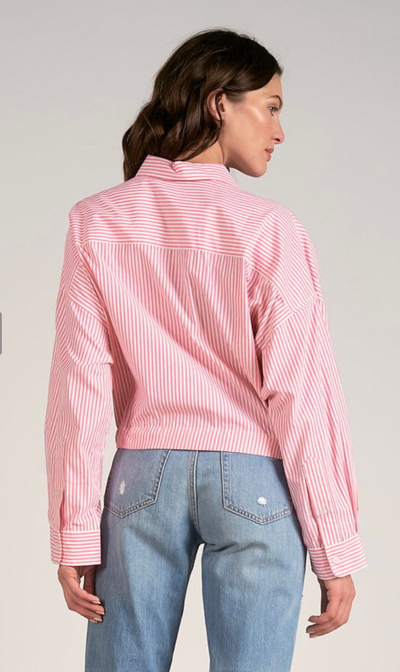 Elan Pink Stripe Long Sleeve Button Down Cropped Tie Front Spring Top