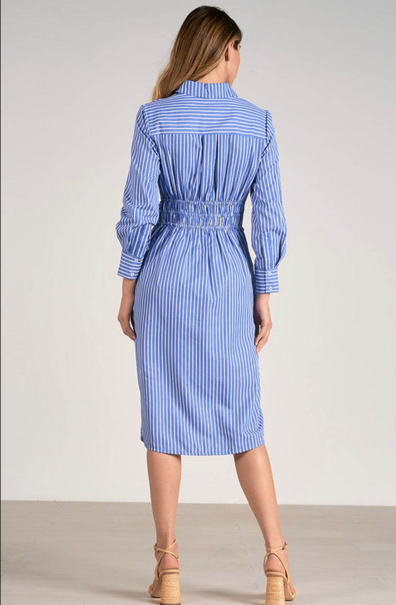 Elan Blue Stripe Belted Midi Spring Dress