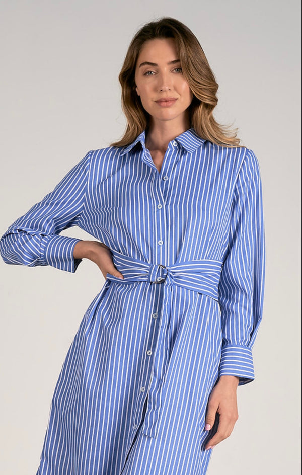 Elan Blue Stripe Belted Midi Spring Dress