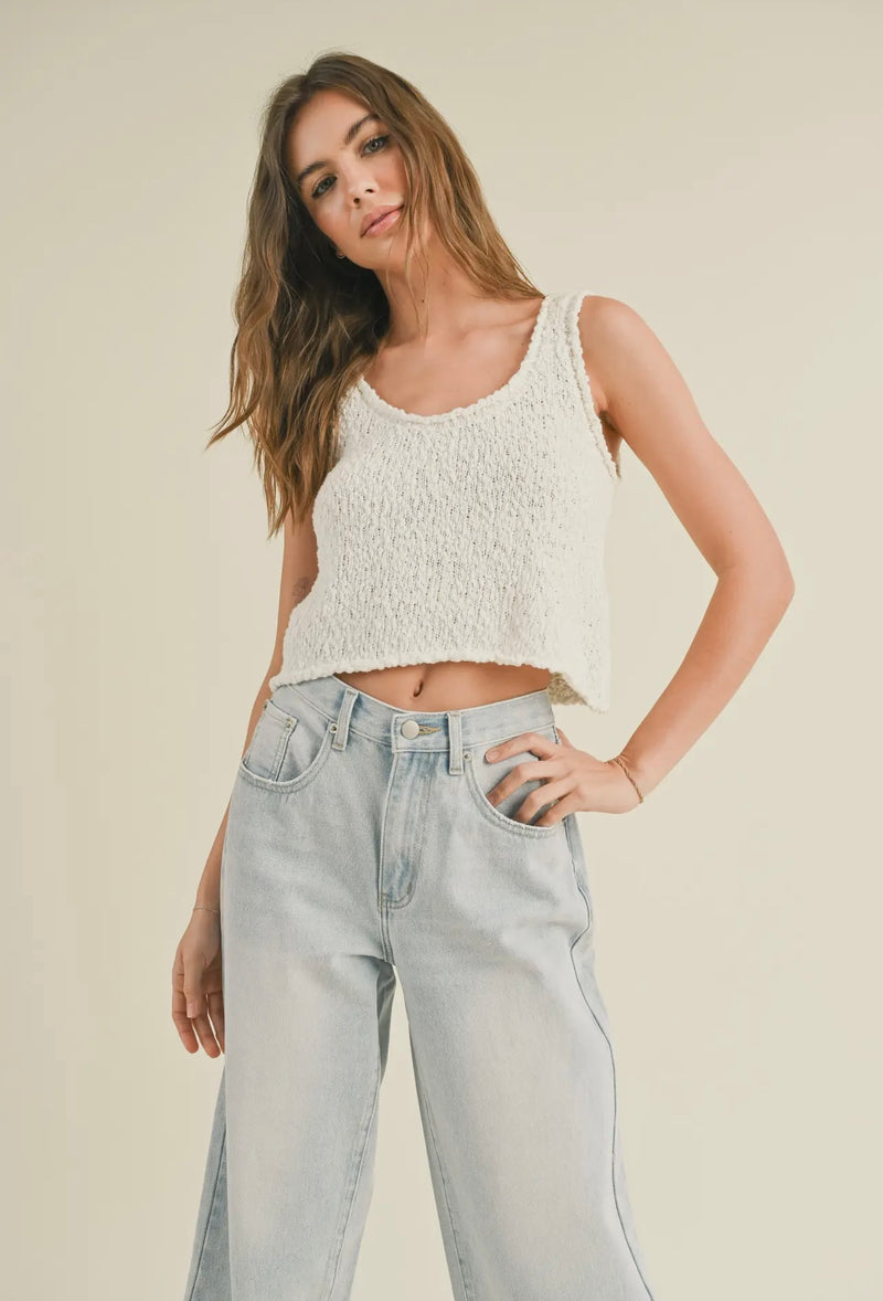 Miou Muse White Textured Knit Crop Spring Top