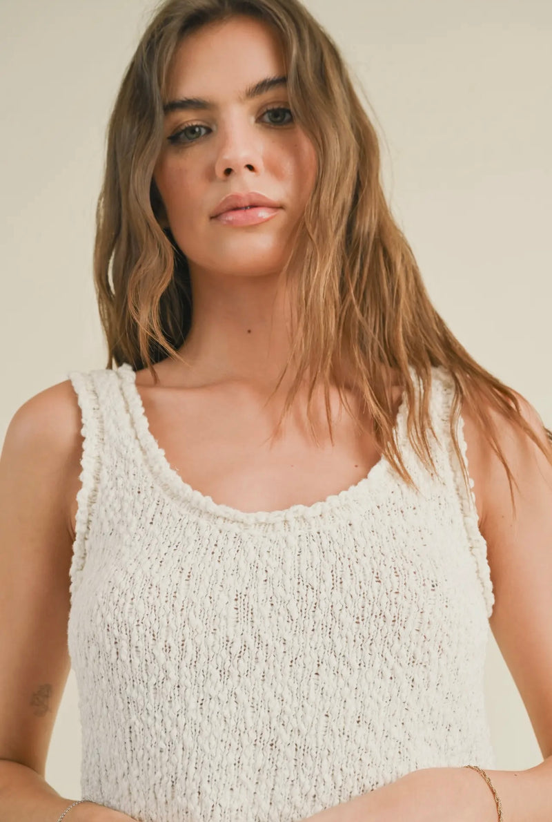 Miou Muse White Textured Knit Crop Spring Top